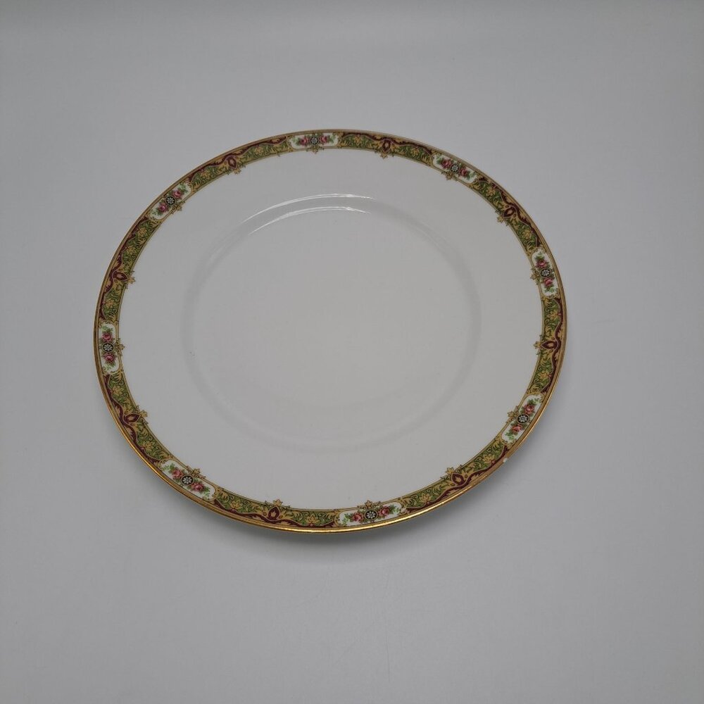Union Ceramique LImoges France 9.75" Dinner Plate Tan Band Red Accent Floral